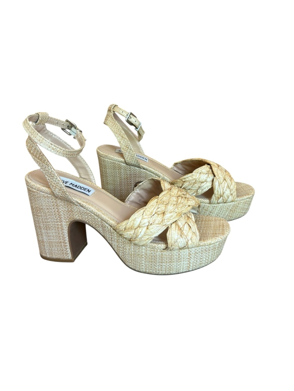 Steve Madden Carisma Chunky Block Heel Sandal Braided Raffia Womens Size 7